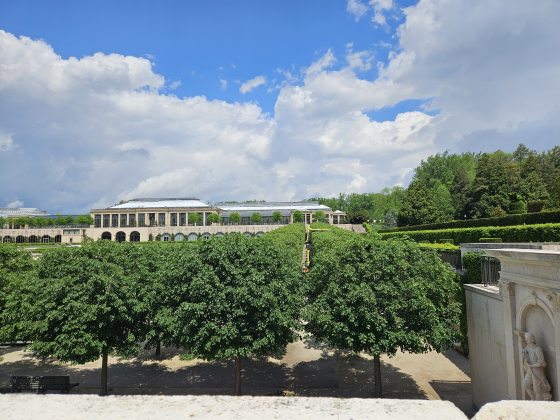 The view from the Fountain Overlook, looking towards the Main Conservatory at Longwood Gardens. 